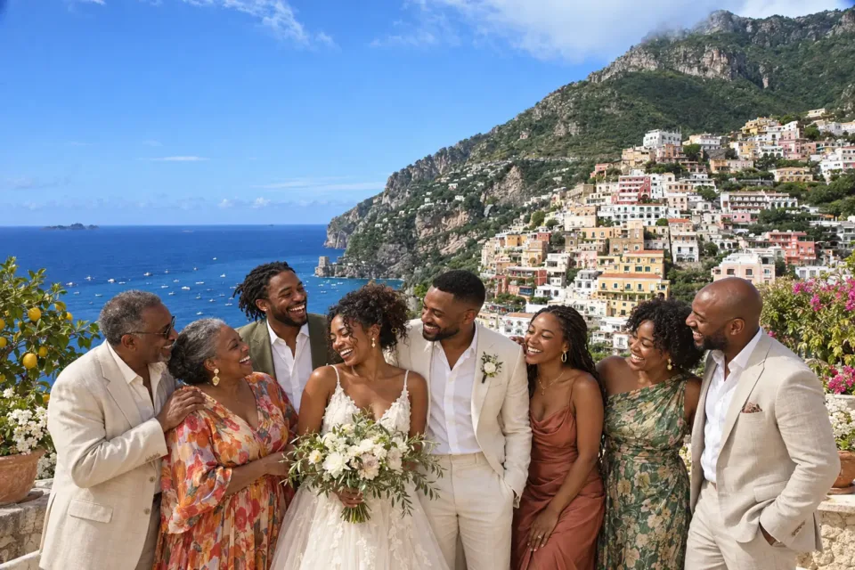 Newlyweds and relatives with a reference panorama of Positano. AI-created illustrative scene.