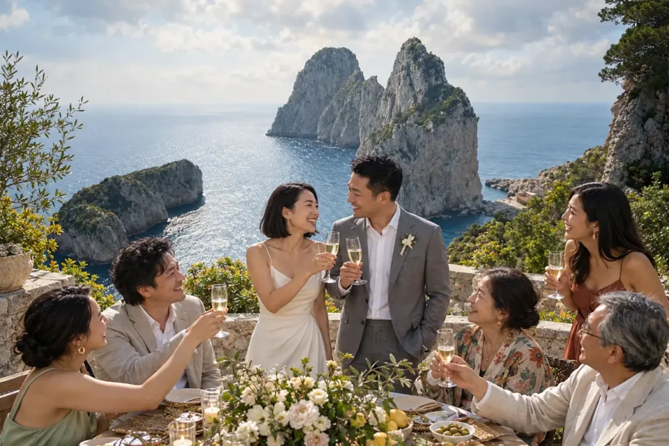Newlyweds and relatives with a reference panorama of Capri. AI-created illustrative scene.