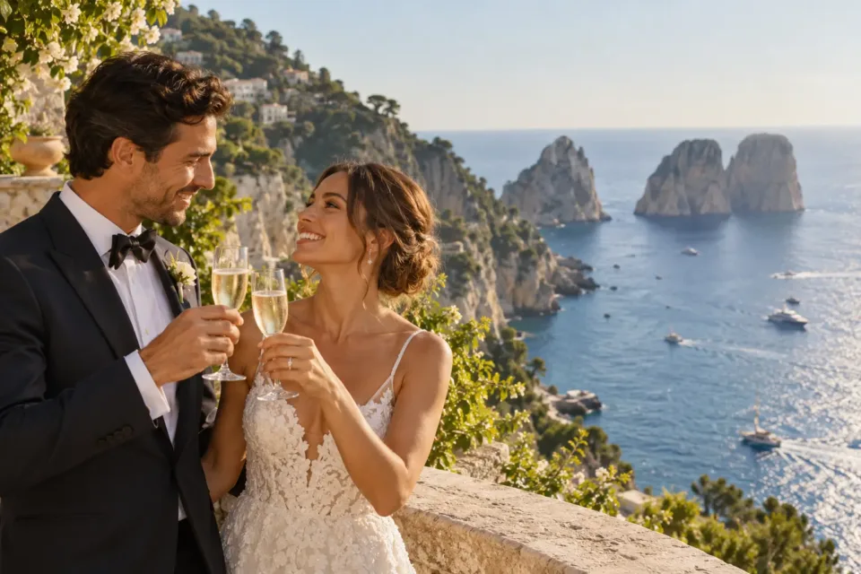 Newlyweds toast before a view inspired by the Faraglioni of Capri. AI-generated image.