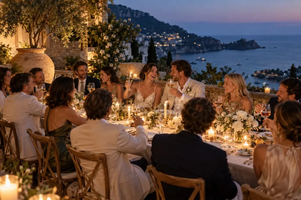 Newlyweds and guests toast at an intimate seaside dinner. AI-generated image.