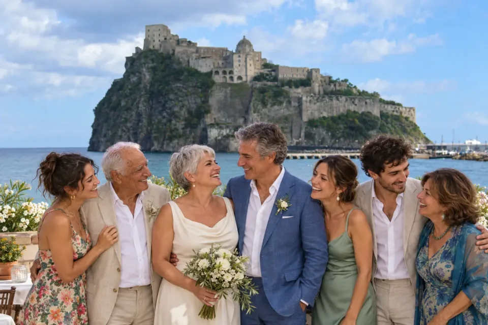 Newlyweds and relatives with a reference panorama of Ischia. AI-created illustrative scene.