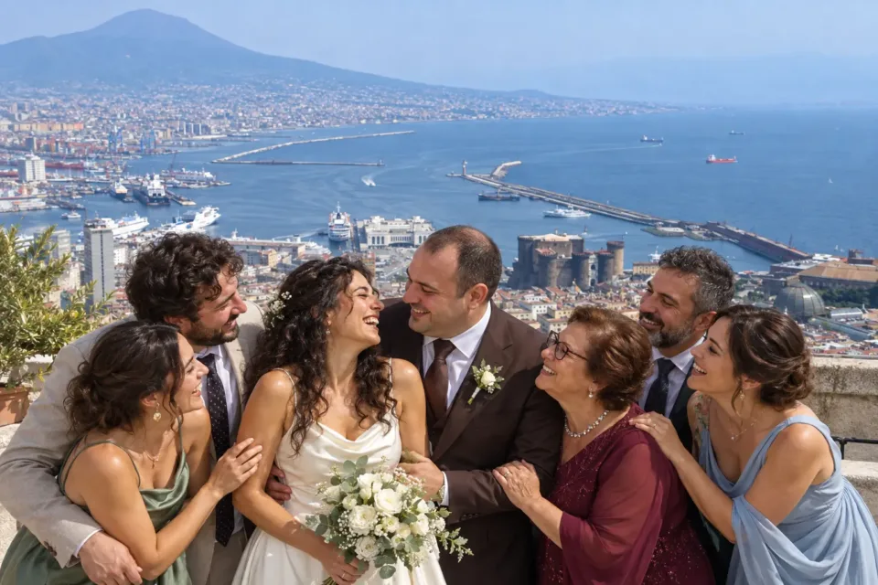 Newlyweds and relatives with a reference panorama of Napoli. AI-created illustrative scene.