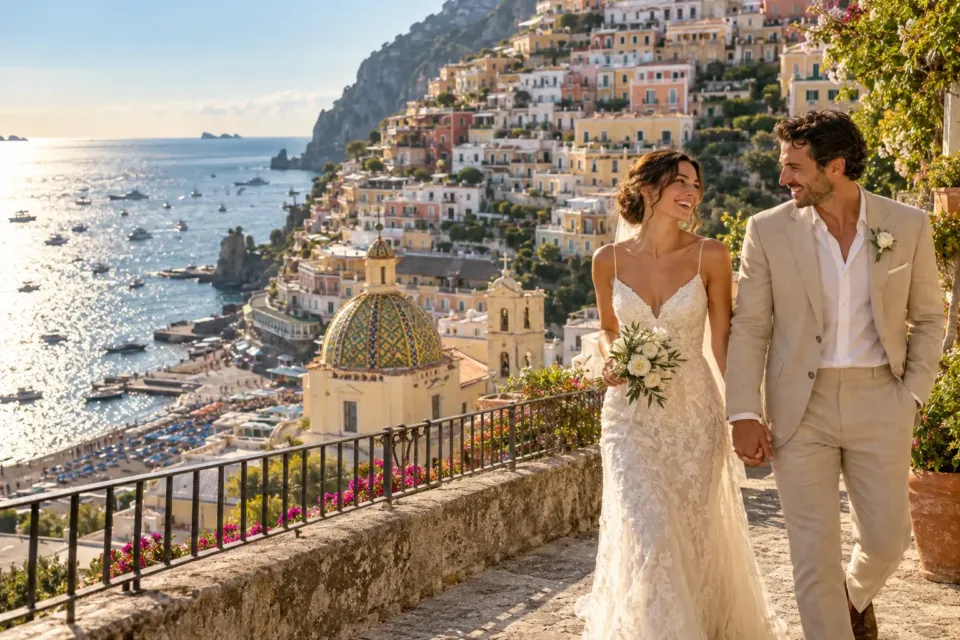Happy newlyweds on a terrace with a panorama inspired by Positano. AI-generated image.