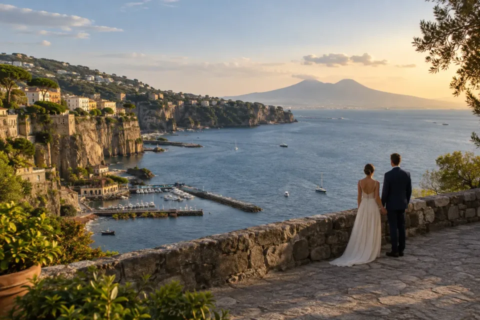 Newlyweds admire a Mediterranean panorama inspired by Sorrento. AI-generated image.