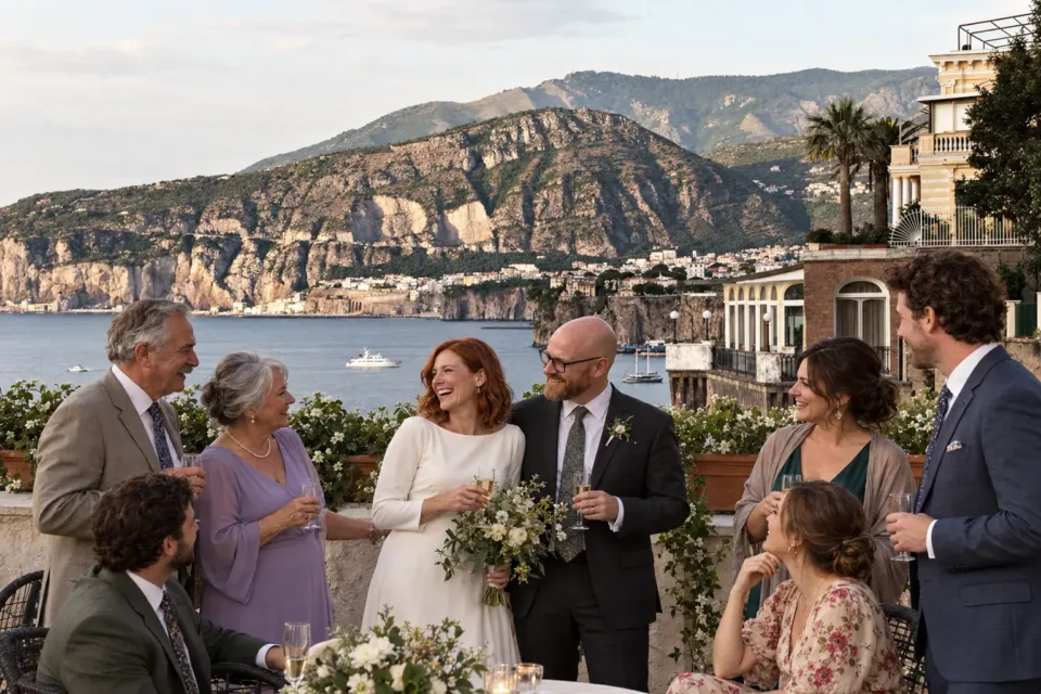 Newlyweds and relatives with a reference panorama of Sorrento. AI-created illustrative scene.
