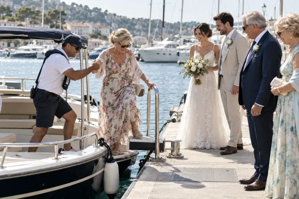 Guests receive assistance when stepping off a boat. AI-created illustrative scene.