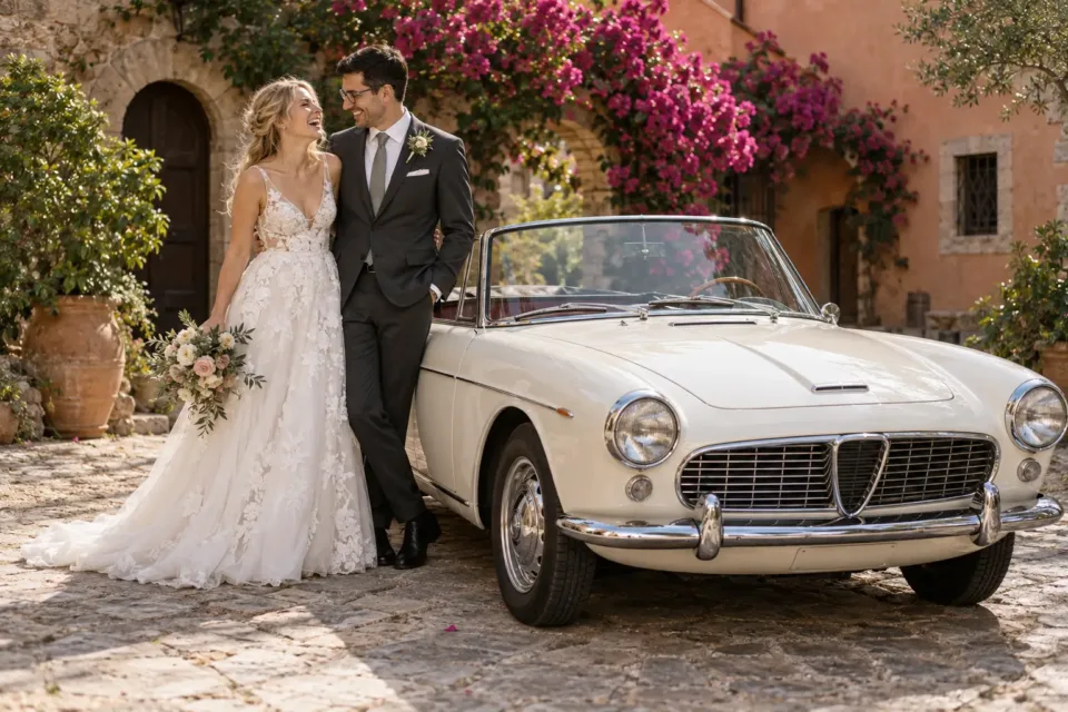 Happy newlyweds beside a vintage car. AI-created illustrative scene.